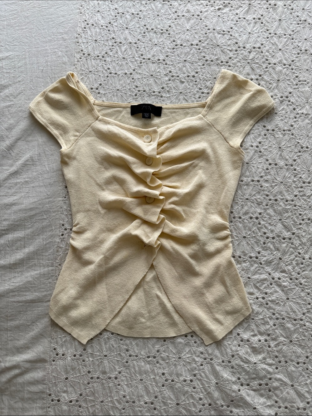 Zara Butter Yellow Ruched Button-Front Top